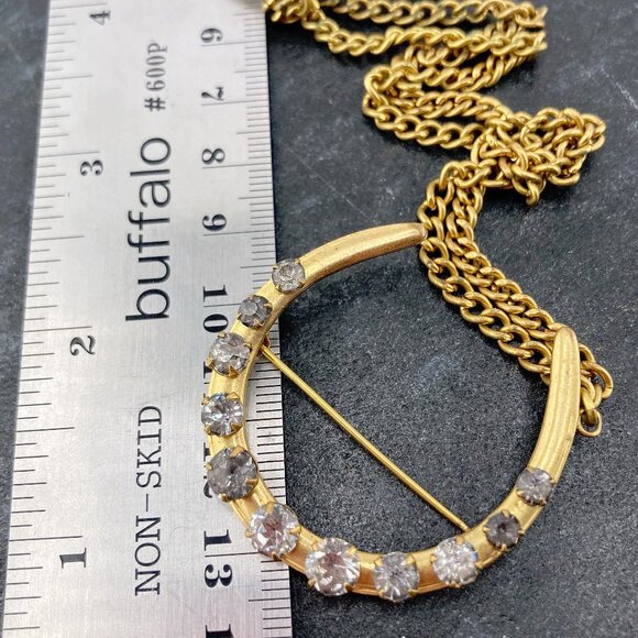 ANTIQUE Gold tone metal grey rhinestone crescent moon chain brooch ~ Vintage pin - Picture 3 of 9